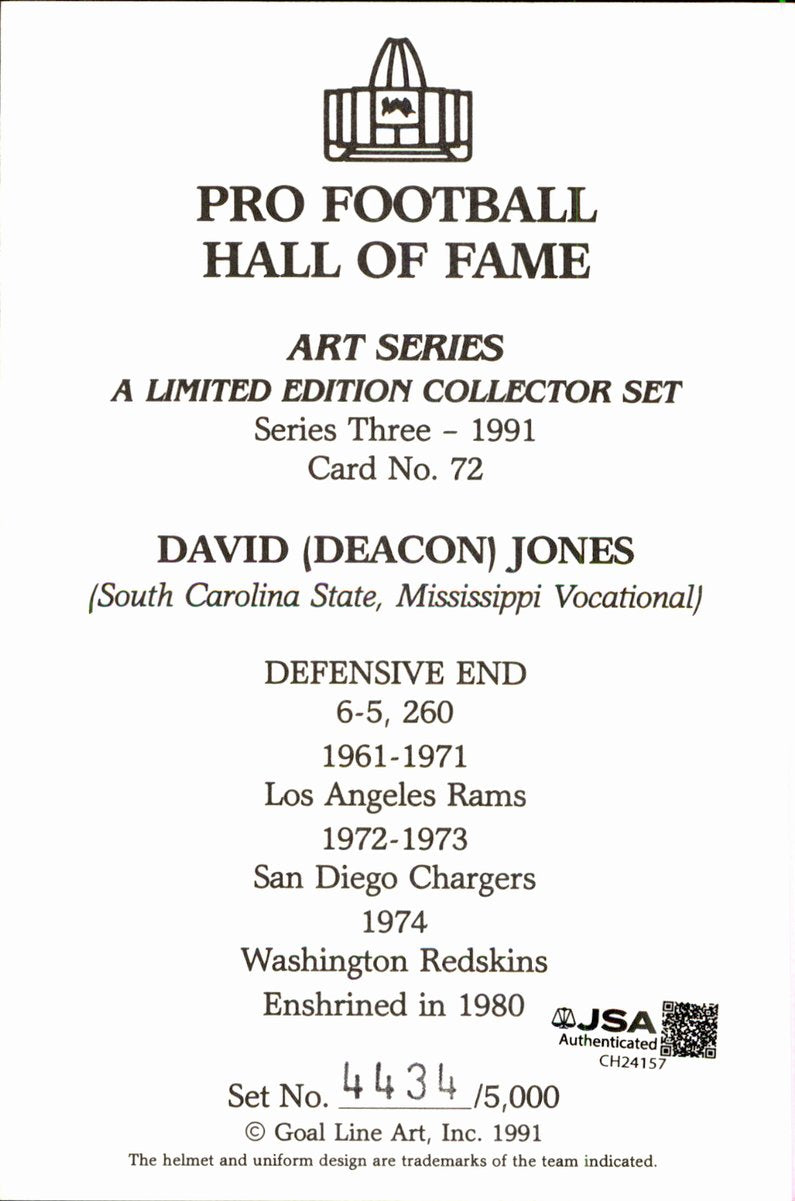 Deacon Jones Rams HOF Autographed Goal Line Art GLAC Postcard JSA
