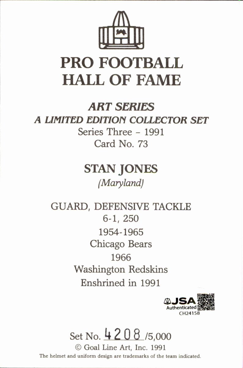 Stan Jones Bears HOF Autographed Goal Line Art GLAC Postcard JSA