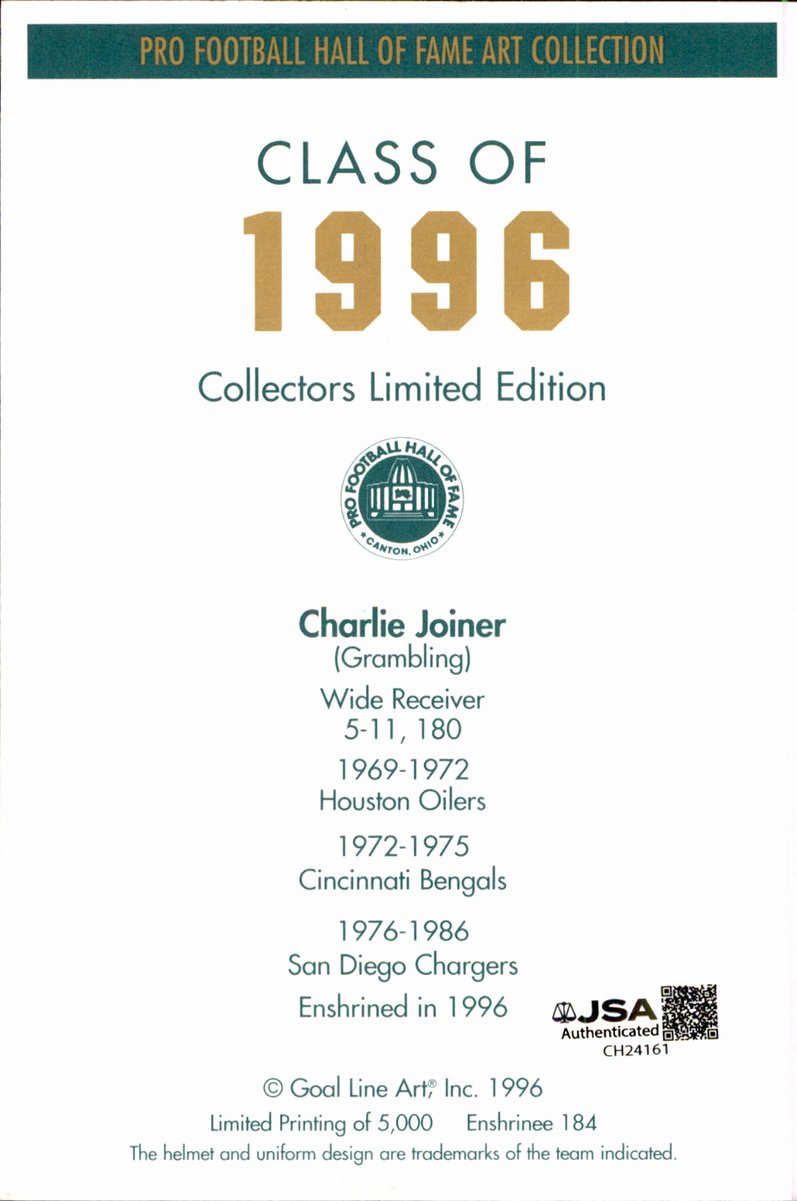 Charlie Joyner Chargers HOF Autographed Goal Line Art GLAC Postcard JSA