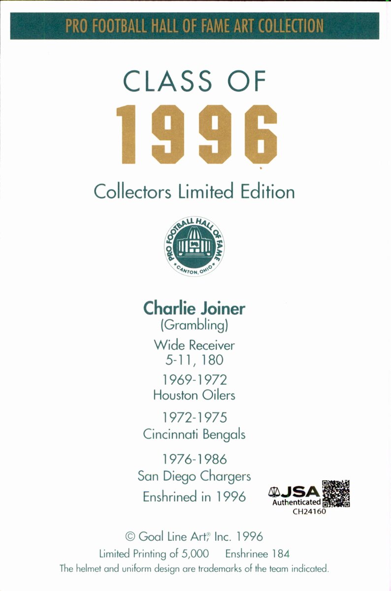 Charlie Joyner Chargers HOF Autographed Goal Line Art GLAC Postcard JSA