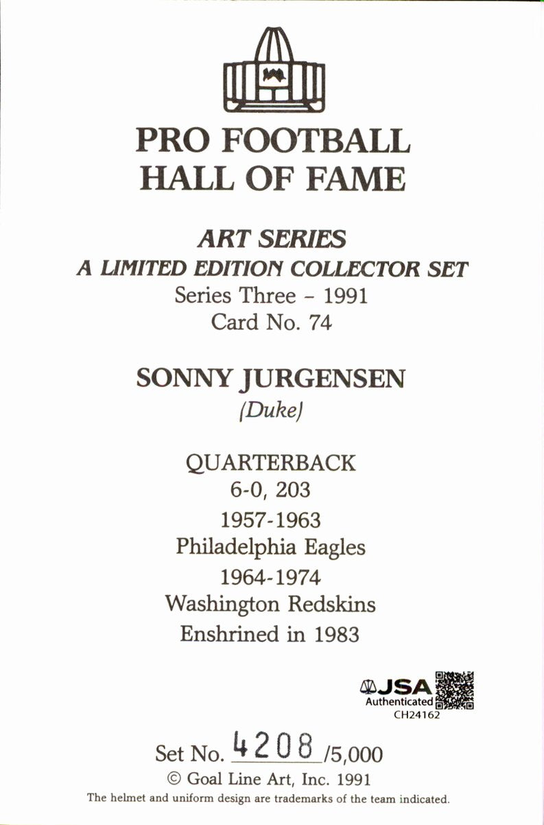 Sonny Jurgensen Redskins HOF Autographed Goal Line Art GLAC Postcard JSA