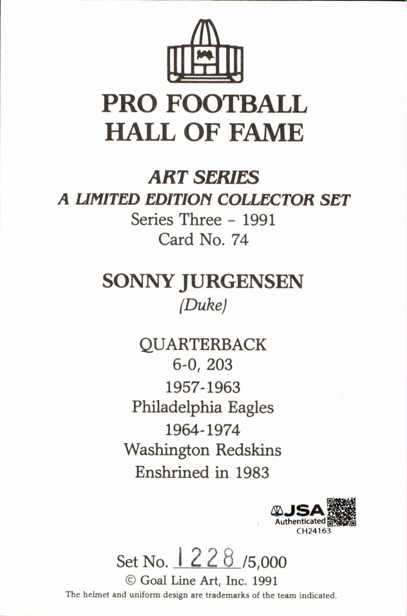 Sonny Jurgensen Redskins HOF Autographed Goal Line Art GLAC Postcard JSA