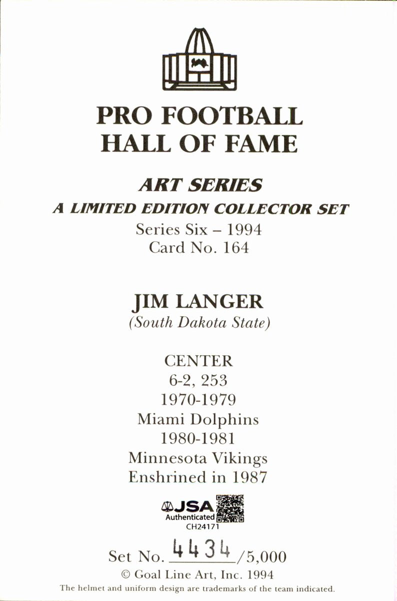 Jim Langer Dolphins HOF Autographed Goal Line Art GLAC Postcard JSA