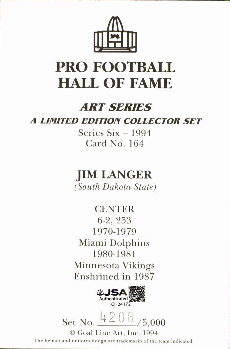 Jim Langer Dolphins HOF Autographed Goal Line Art GLAC Postcard JSA