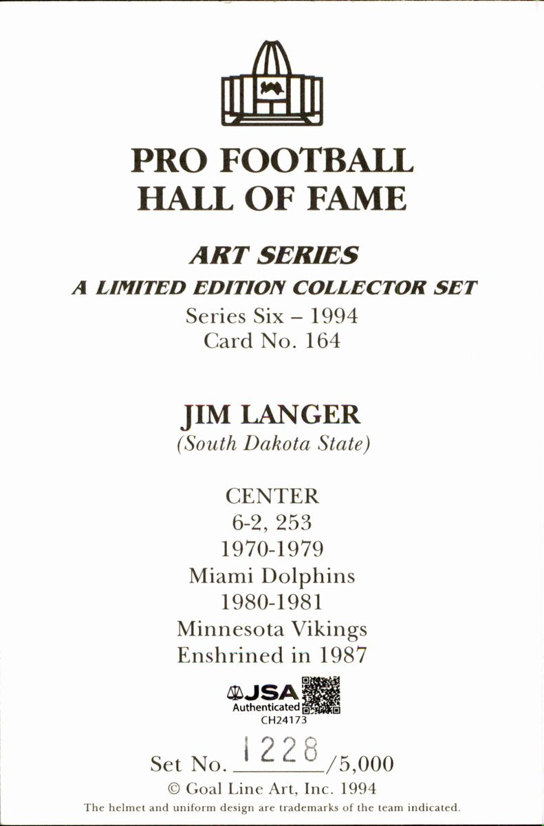 Jim Langer Dolphins HOF Autographed Goal Line Art GLAC Postcard JSA