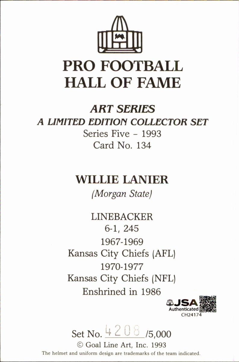 Willie Lanier Chiefs HOF Autographed Goal Line Art GLAC Postcard JSA