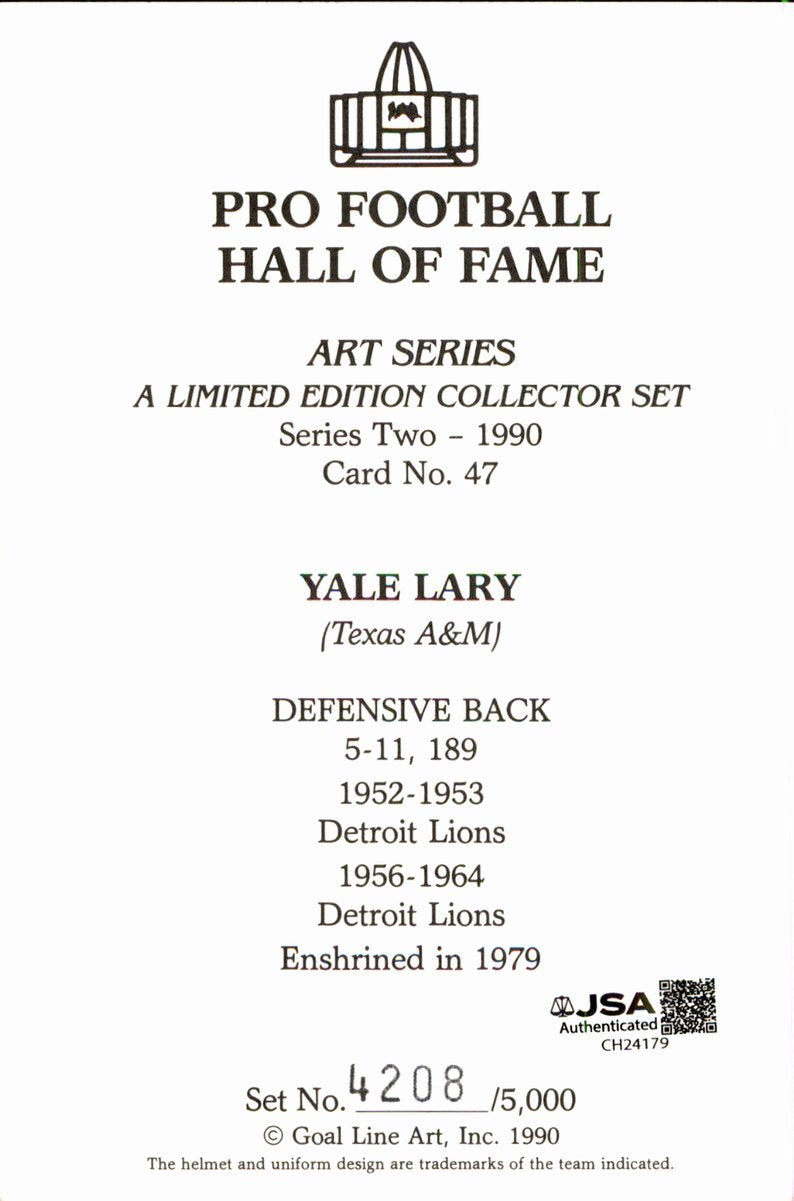 Yale Lary Lions HOF Autographed Goal Line Art GLAC Postcard JSA