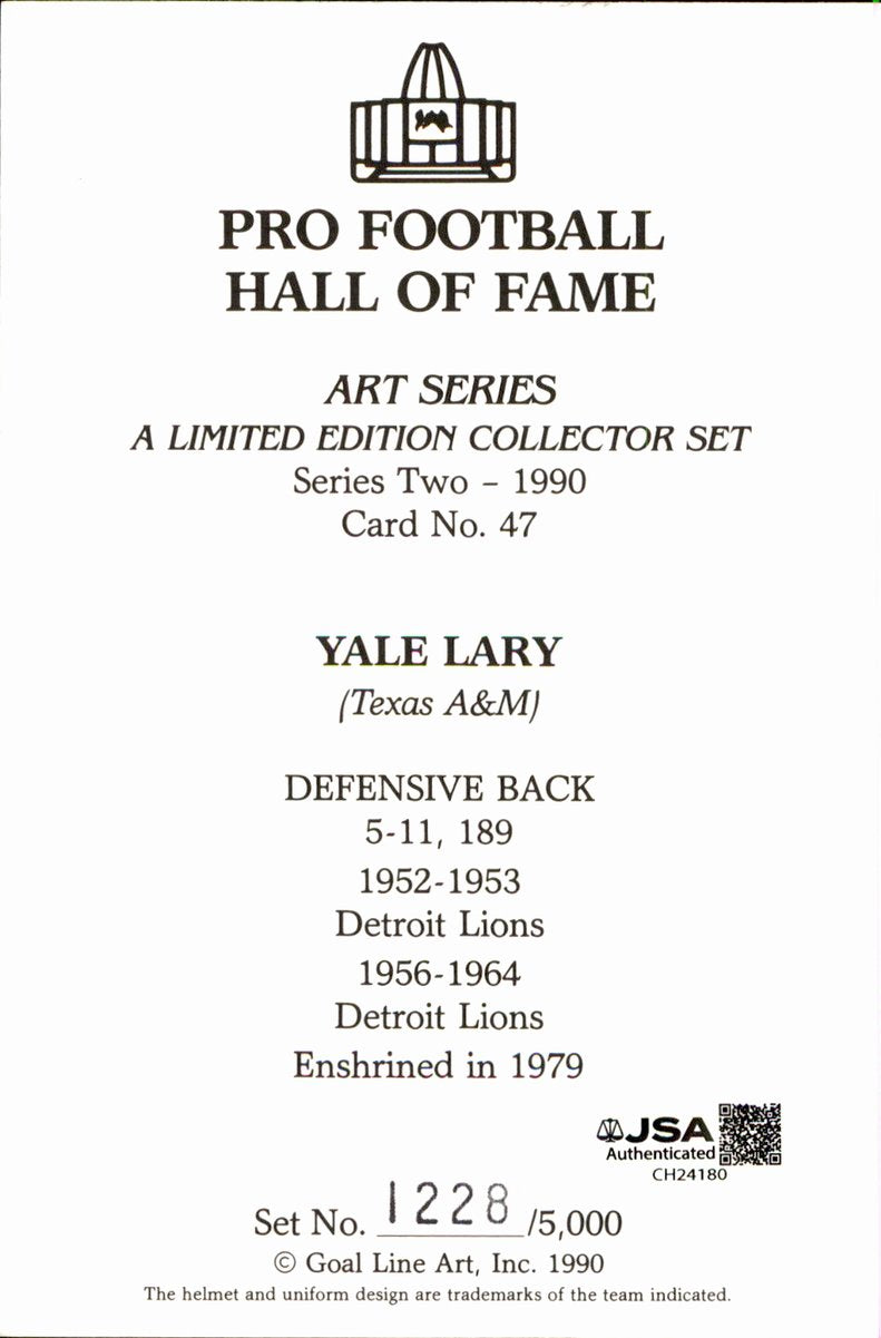 Yale Lary Lions HOF Autographed Goal Line Art GLAC Postcard JSA