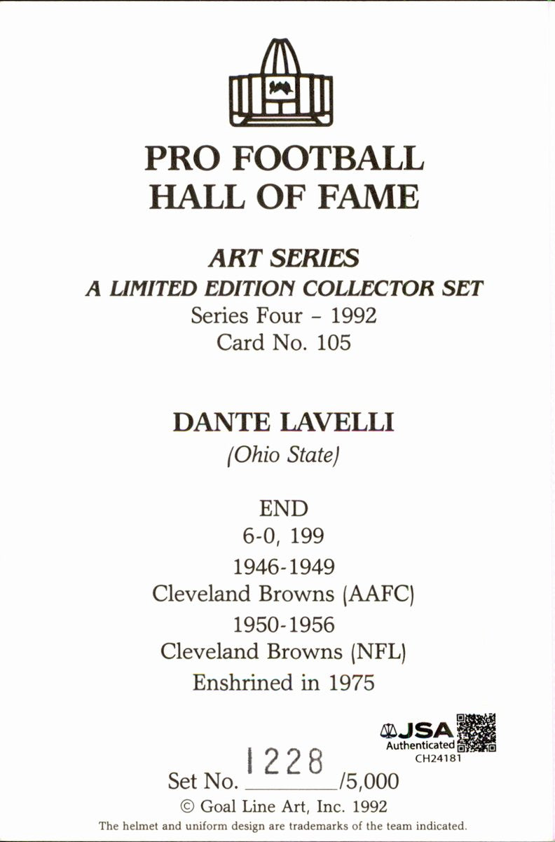 Dante Lavelli Browns HOF Autographed Goal Line Art GLAC Postcard JSA
