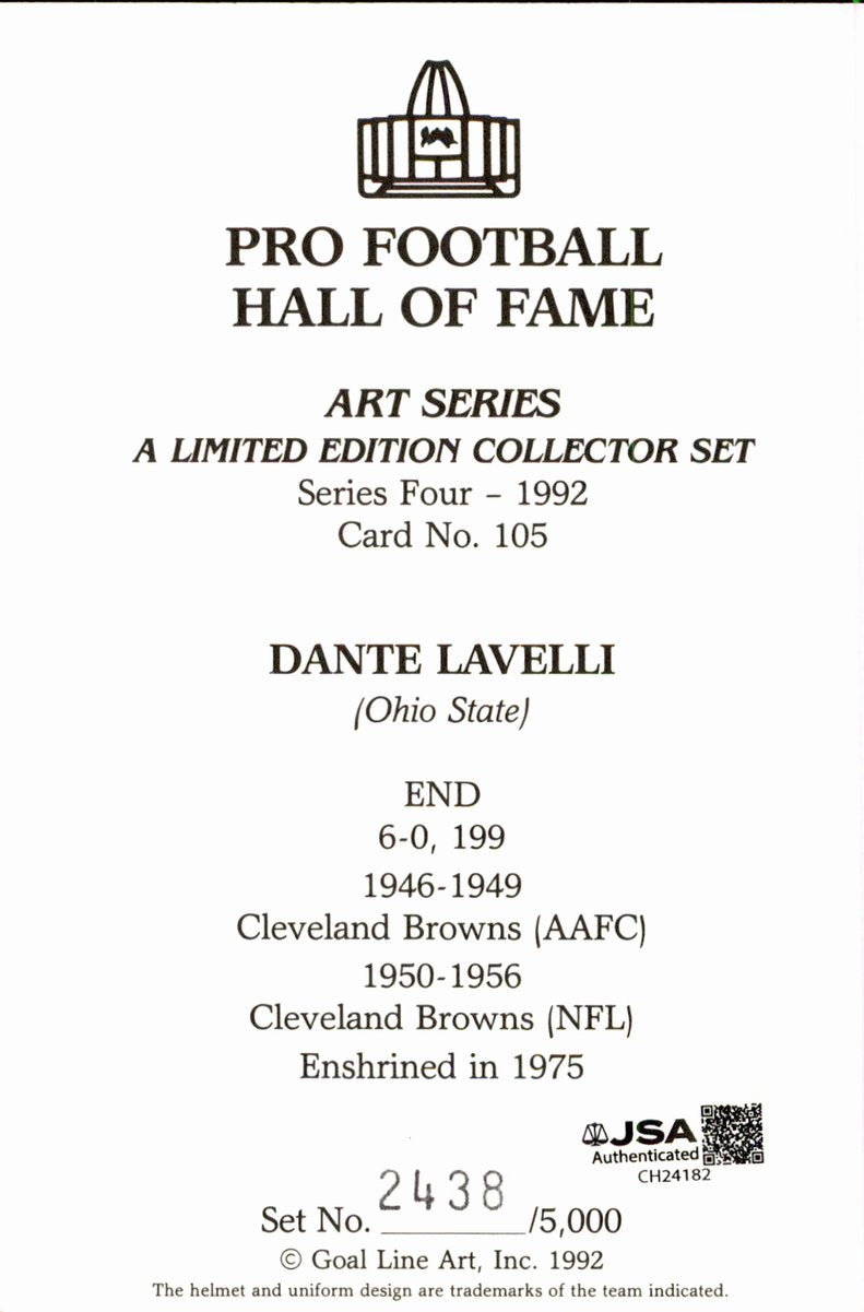 Dante Lavelli Browns HOF Autographed Goal Line Art GLAC Postcard JSA