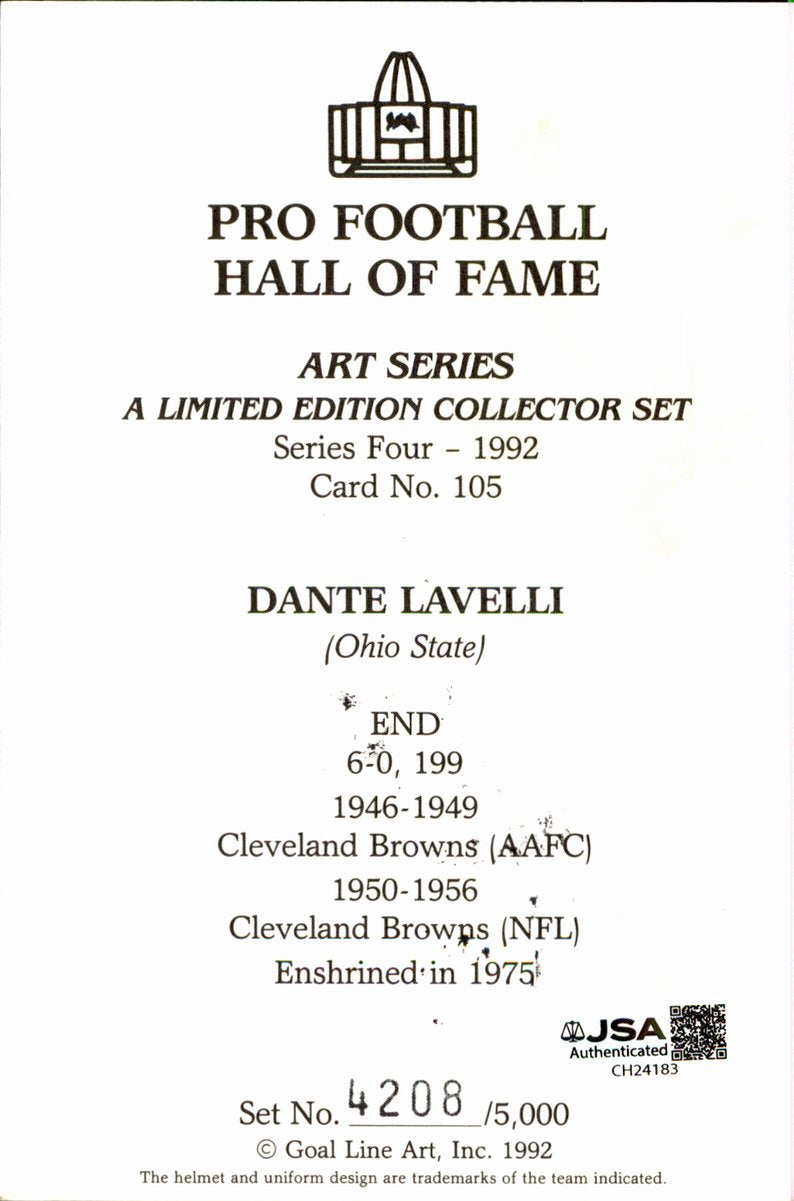 Dante Lavelli Browns HOF Autographed Goal Line Art GLAC Postcard JSA