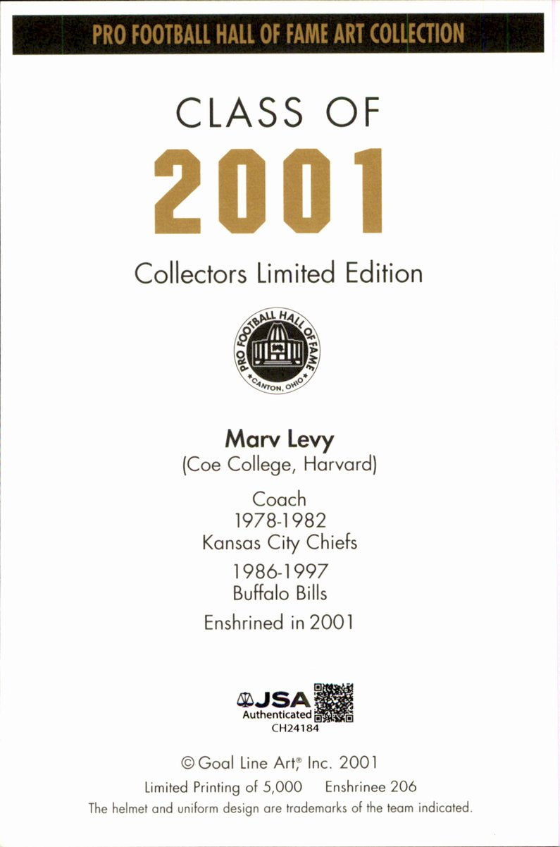 Marv Levy Bills HOF Autographed Goal Line Art GLAC Postcard JSA