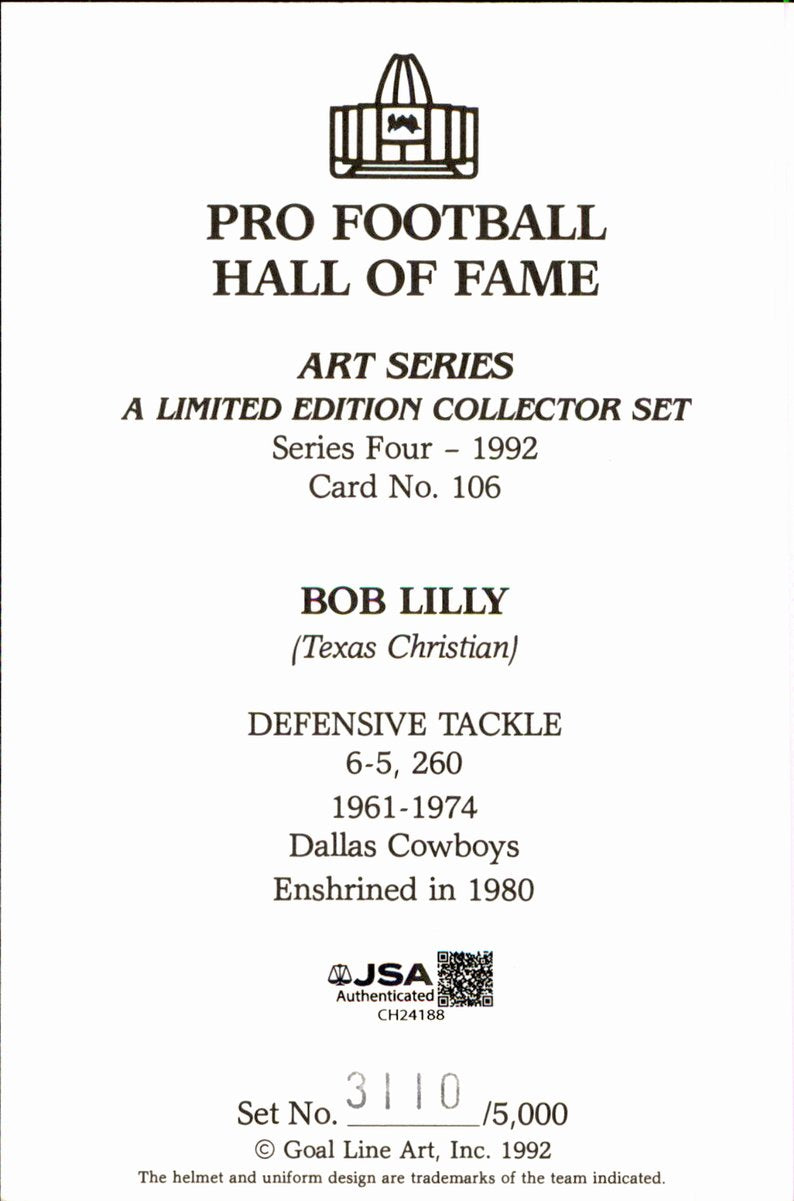 Bob Lilly Cowboys HOF Autographed Goal Line Art GLAC Postcard JSA