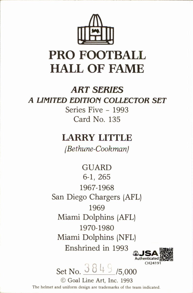 Larry Little Dolphins HOF Autographed Goal Line Art GLAC Postcard JSA