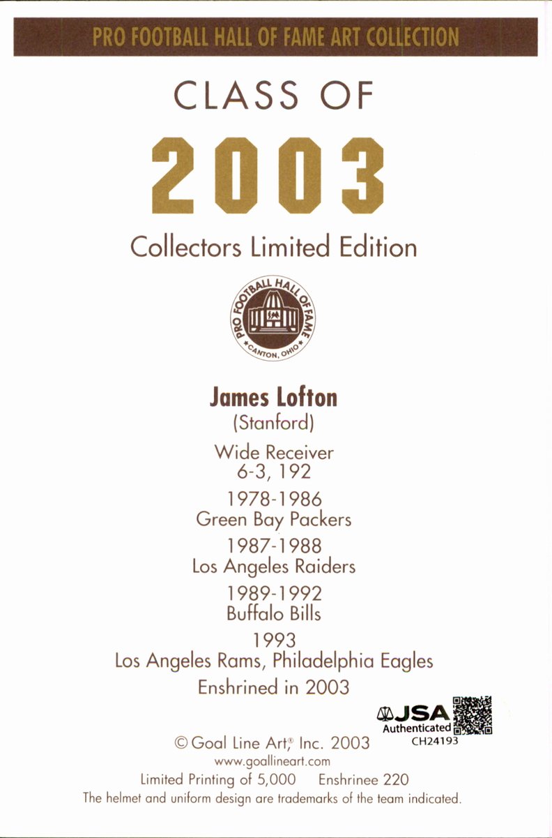 James Lofton Packers HOF Autographed Goal Line Art GLAC Postcard JSA