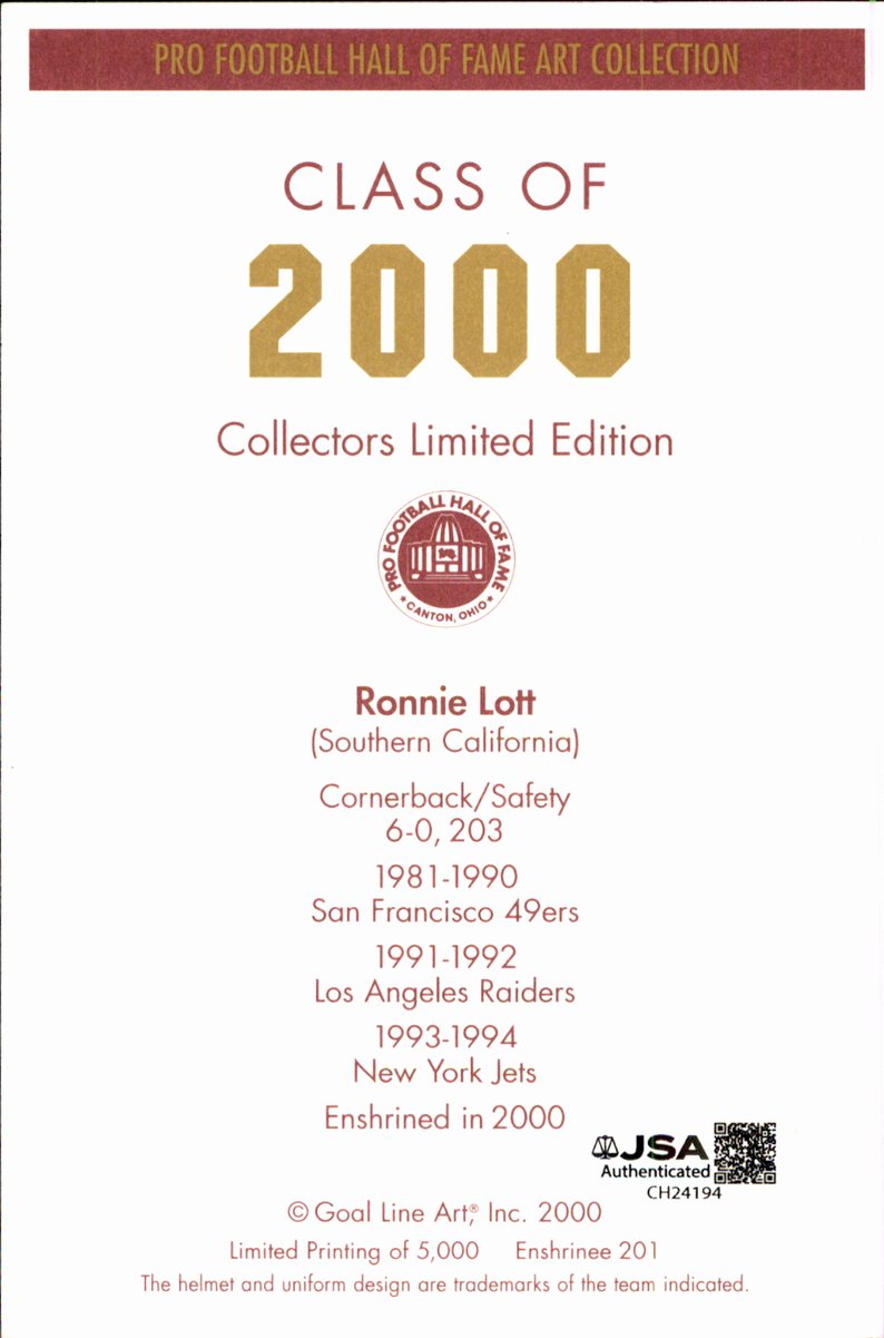 Ronnie Lott 49ers HOF Autographed Goal Line Art GLAC Postcard JSA