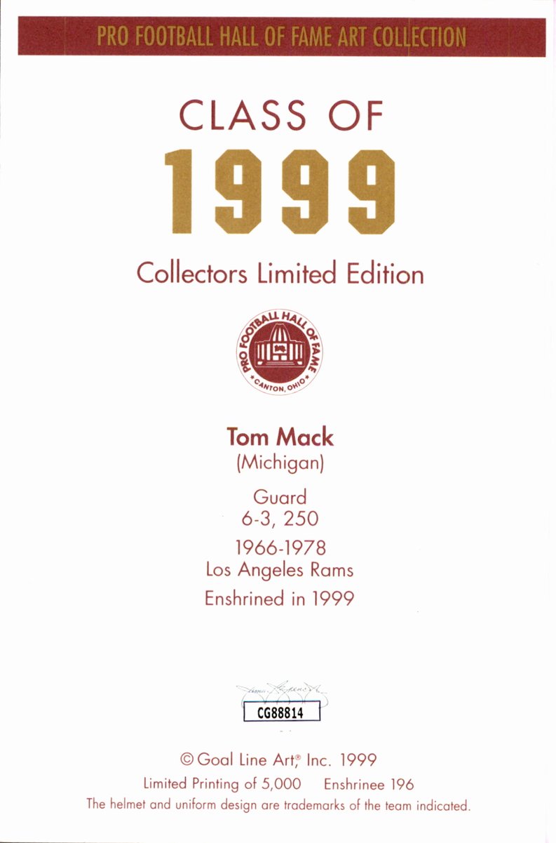 Tom Mack Rams HOF Autographed Goal Line Art GLAC Postcard JSA