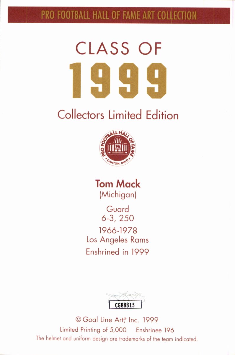 Tom Mack Rams HOF Autographed Goal Line Art GLAC Postcard JSA