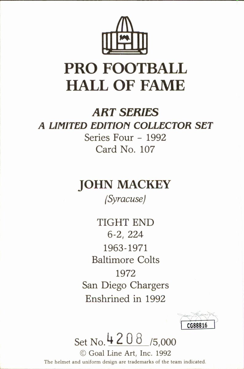 John Mackey Colts HOF Autographed Goal Line Art GLAC Postcard JSA