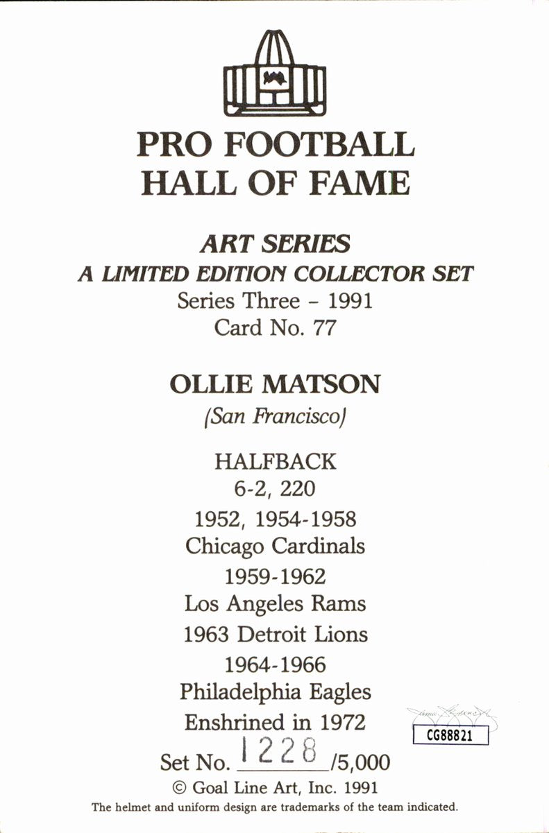 Ollie Matson Rams HOF Autographed Goal Line Art GLAC Postcard JSA