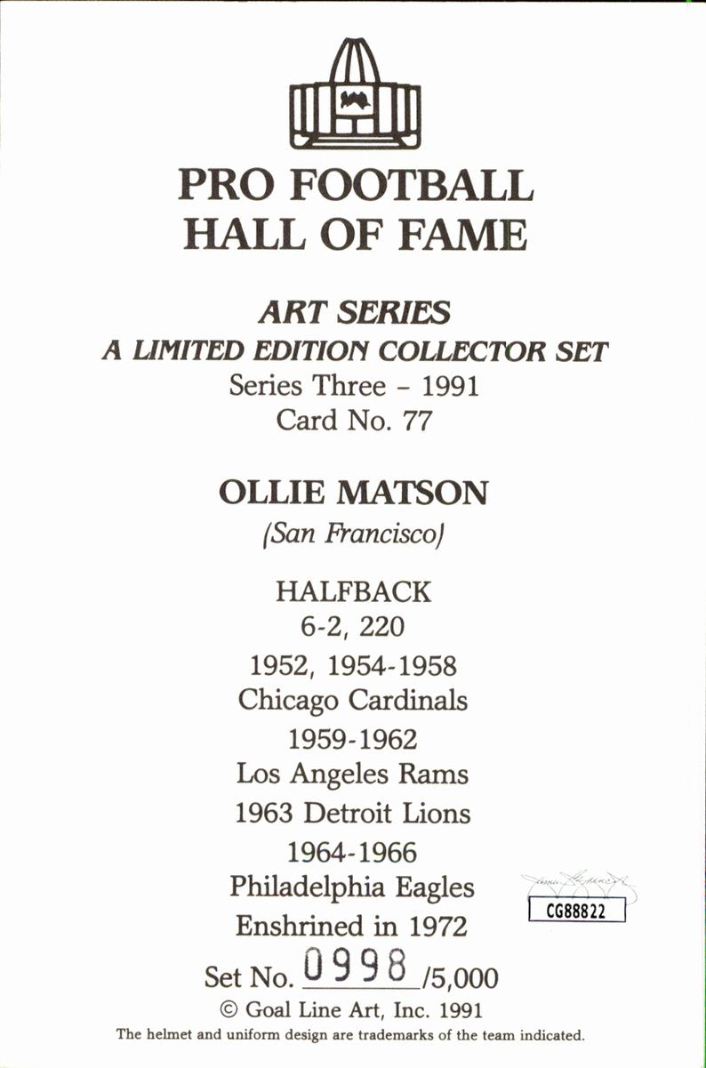 Ollie Matson Rams HOF Autographed Goal Line Art GLAC Postcard JSA