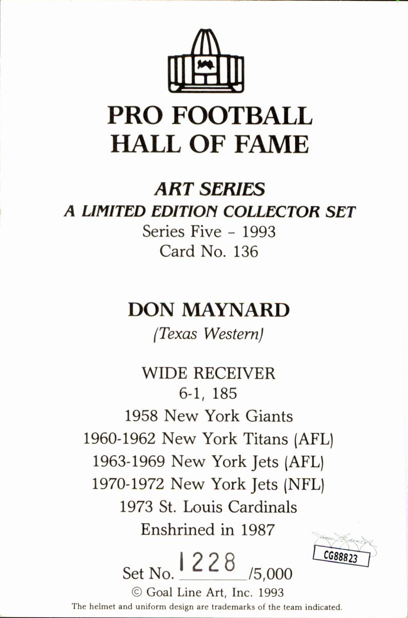 Don Maynard Jets HOF Autographed Goal Line Art GLAC Postcard JSA