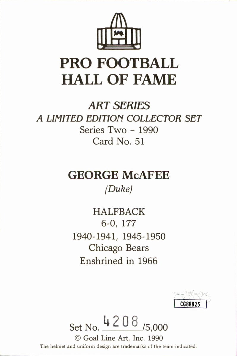 George McAfee Bears HOF Autographed Goal Line Art GLAC Postcard JSA