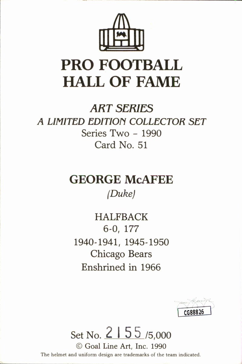 George McAfee Bears HOF Autographed Goal Line Art GLAC Postcard JSA