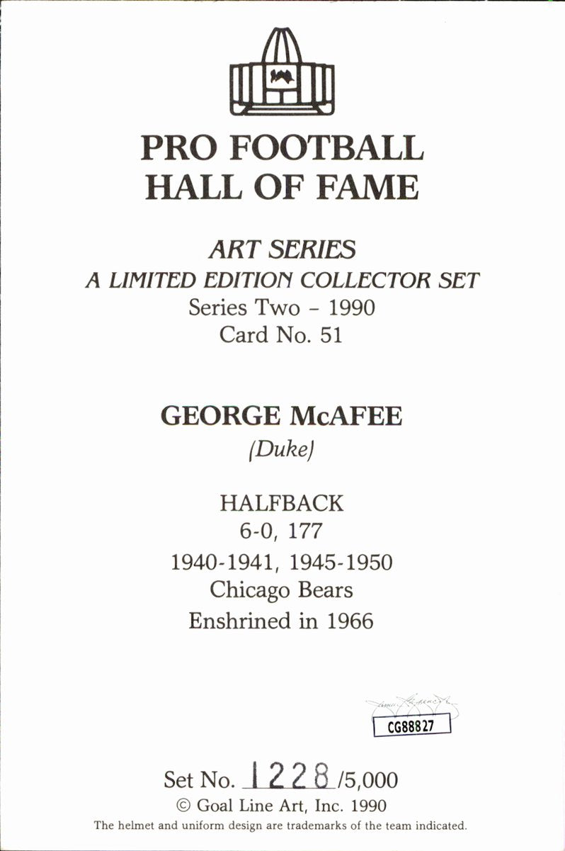 George McAfee Bears HOF Autographed Goal Line Art GLAC Postcard JSA