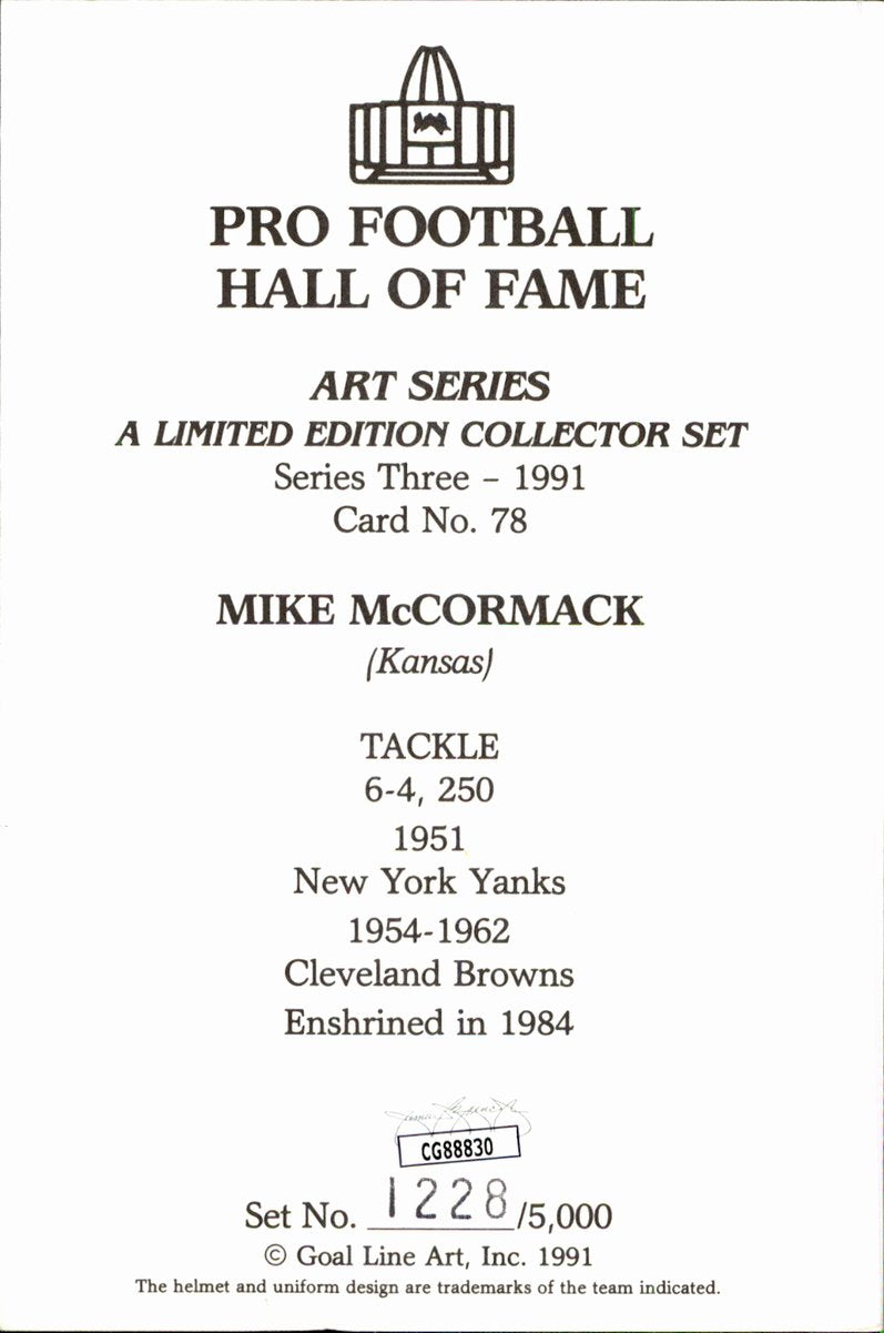 Mike McCormack Browns HOF Autographed Goal Line Art GLAC Postcard JSA