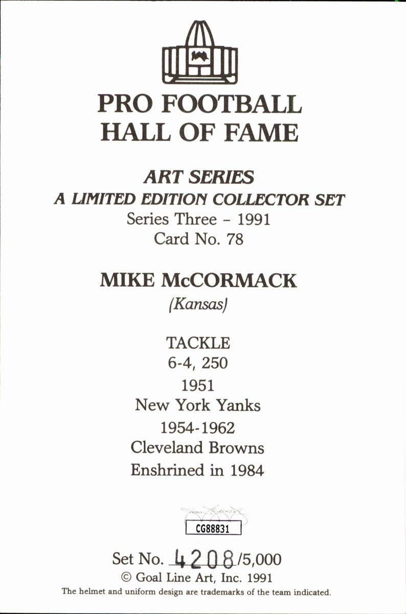 Mike McCormack Browns HOF Autographed Goal Line Art GLAC Postcard JSA