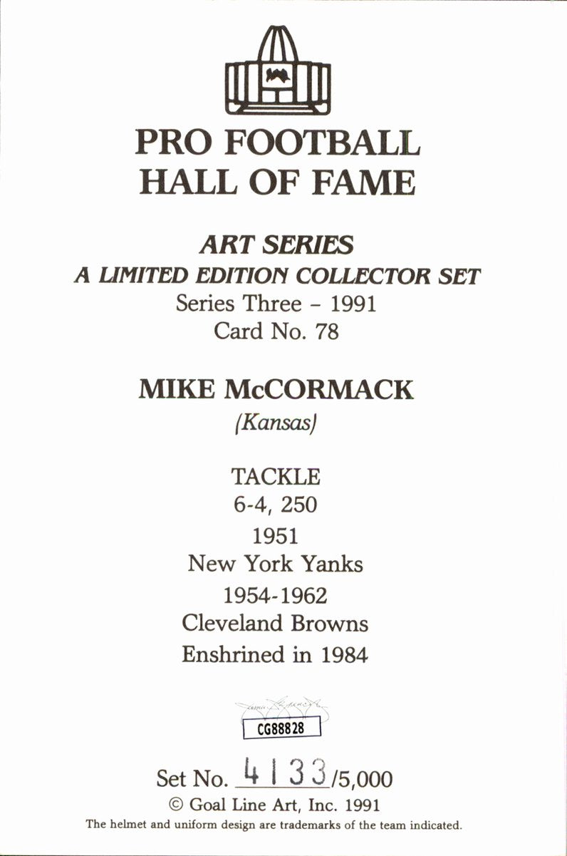 Mike McCormack Browns HOF Autographed Goal Line Art GLAC Postcard JSA