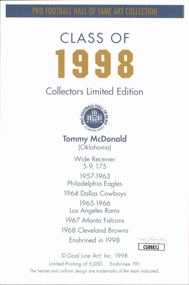Tommy McDonald Eagles HOF Autographed Goal Line Art GLAC Postcard JSA