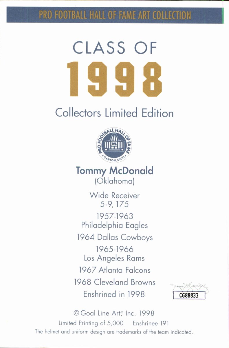 Tommy McDonald Eagles HOF Autographed Goal Line Art GLAC Postcard JSA