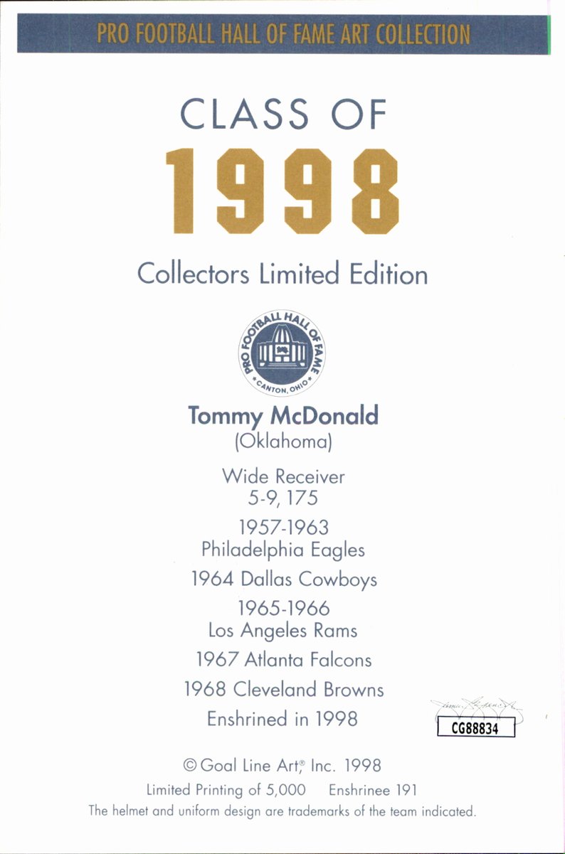 Tommy McDonald Eagles HOF Autographed Goal Line Art GLAC Postcard JSA
