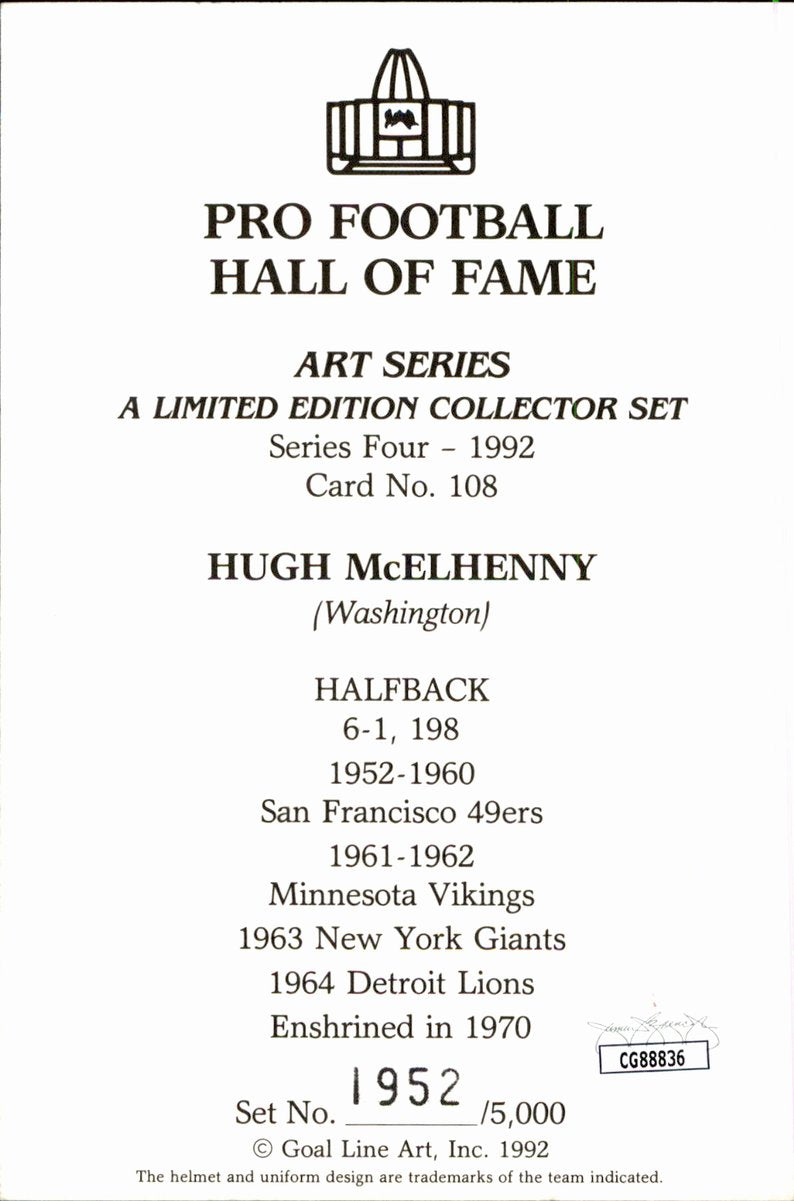 Hugh McElhenny 49ers HOF Autographed Goal Line Art GLAC Postcard JSA