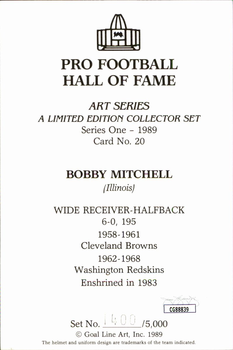 Bobby Mitchell Redskins HOF Autographed Goal Line Art GLAC Postcard JSA