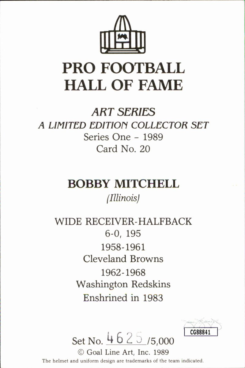 Bobby Mitchell Redskins HOF Autographed Goal Line Art GLAC Postcard JSA