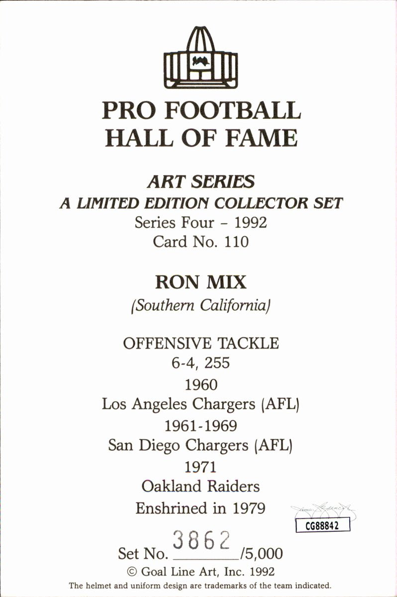 Ron Mix Chargers HOF Autographed Goal Line Art GLAC Postcard JSA