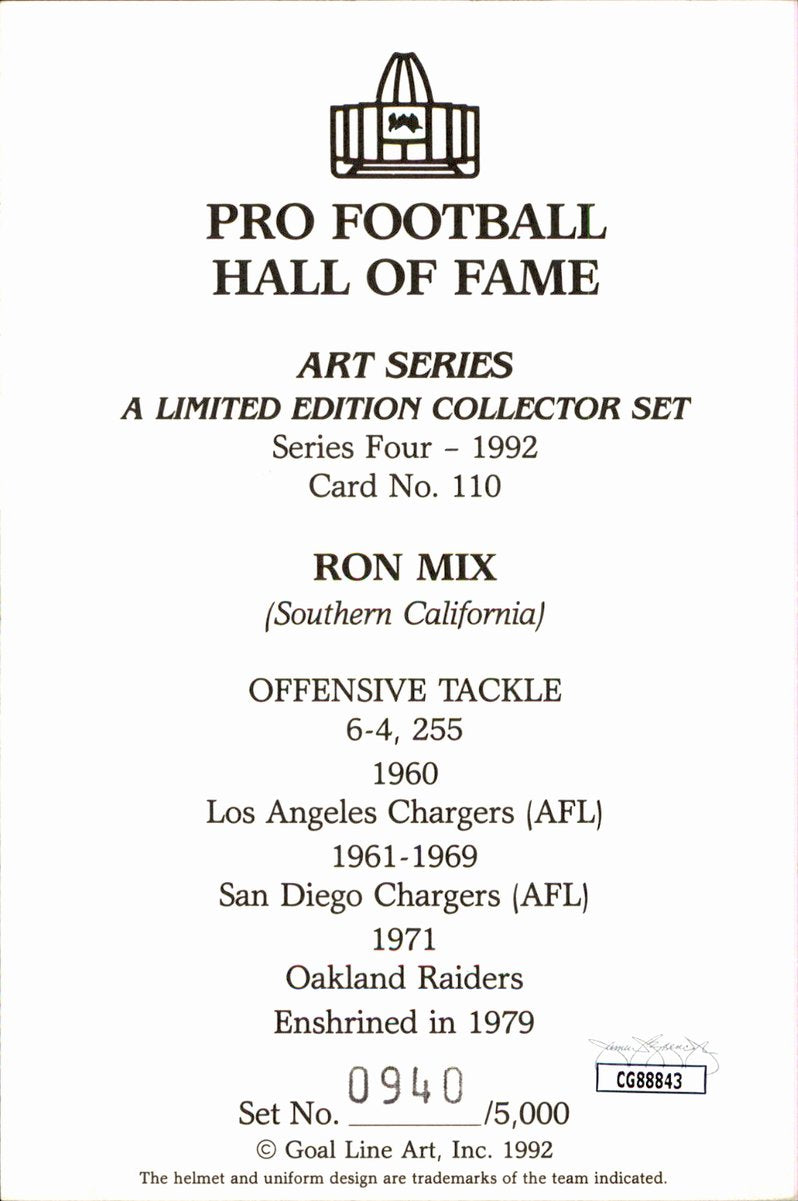 Ron Mix Chargers HOF Autographed Goal Line Art GLAC Postcard JSA