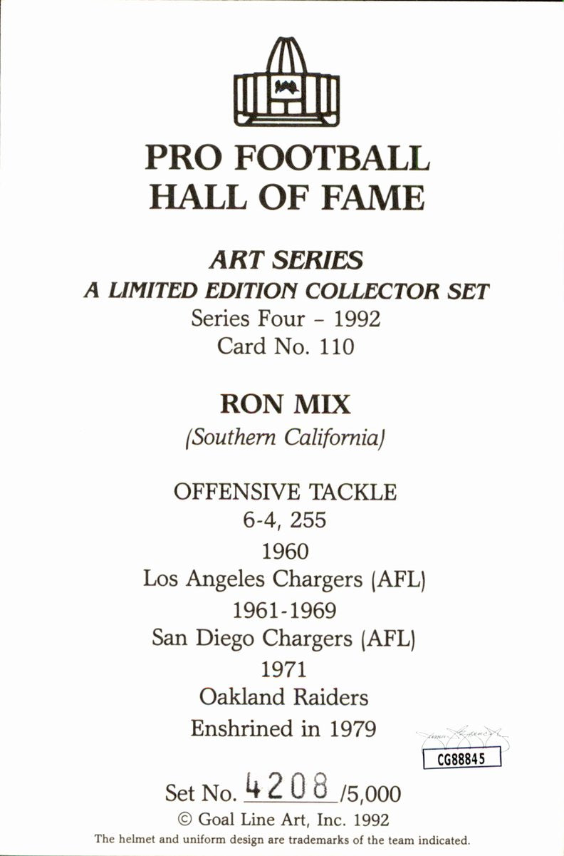 Ron Mix Chargers HOF Autographed Goal Line Art GLAC Postcard JSA