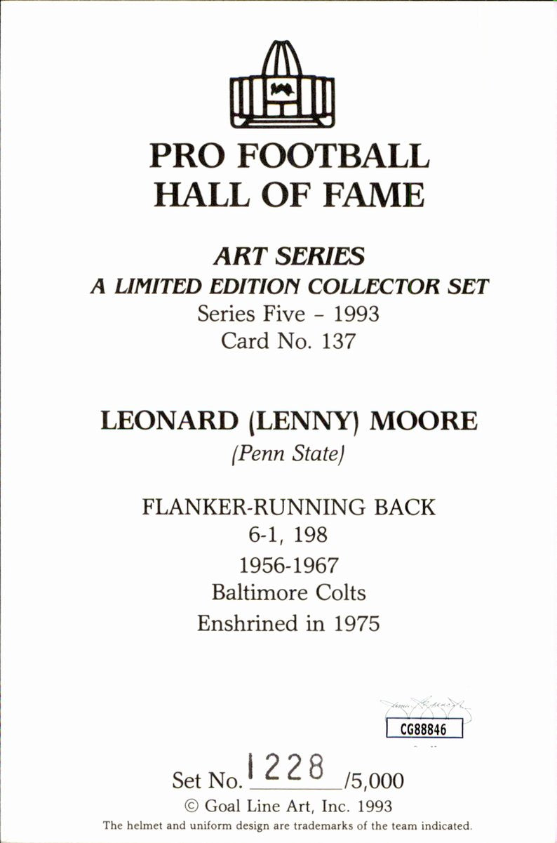 Lenny Moore Colts HOF Autographed Goal Line Art GLAC Postcard JSA