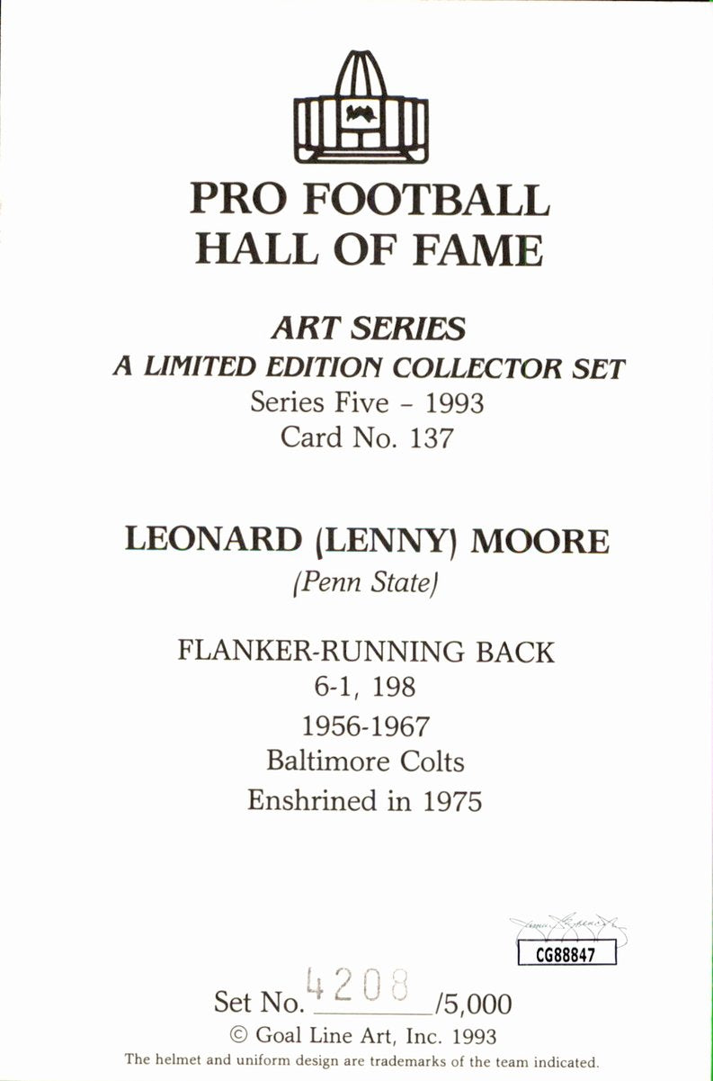 Lenny Moore Colts HOF Autographed Goal Line Art GLAC Postcard JSA