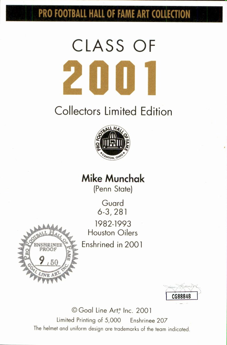 Mike Munchak Oilers Silver Seal 9/50 HOF Autographed Goal Line Art GLAC Postcard JSA