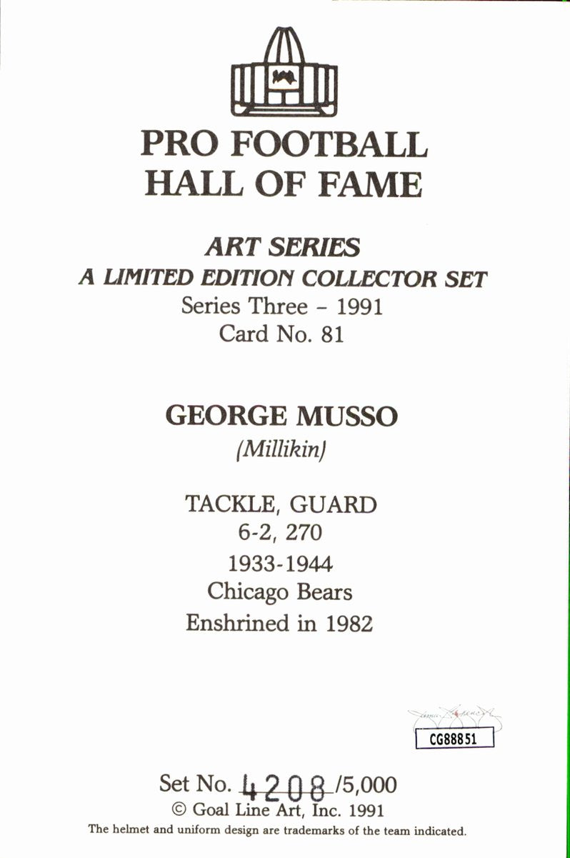 George Musso Bears HOF Autographed Goal Line Art GLAC Postcard JSA