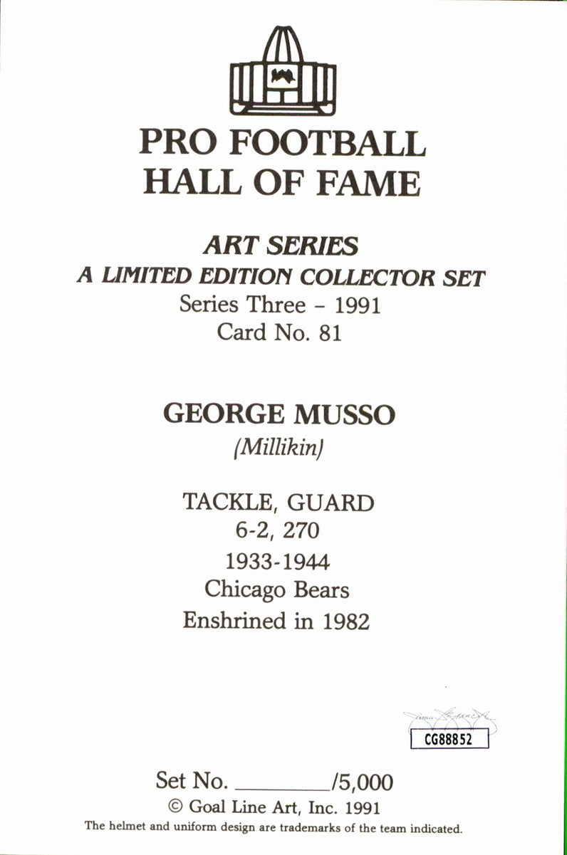 George Musso Bears HOF Autographed Goal Line Art GLAC Postcard JSA