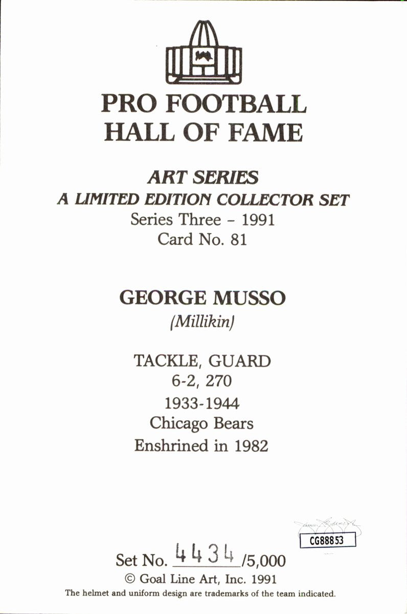 George Musso Bears HOF Autographed Goal Line Art GLAC Postcard JSA