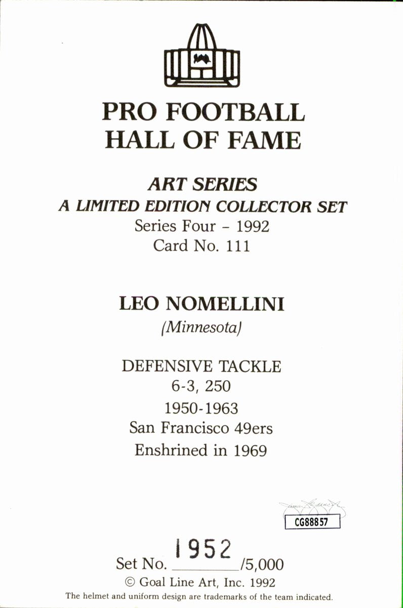 Leo Nomellini 49ers HOF Autographed Goal Line Art GLAC Postcard JSA