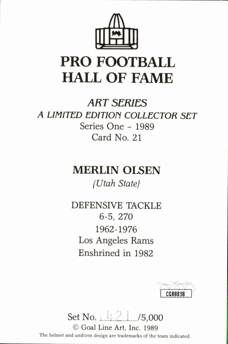 Merlin Olsen Rams HOF Autographed Goal Line Art GLAC Postcard JSA