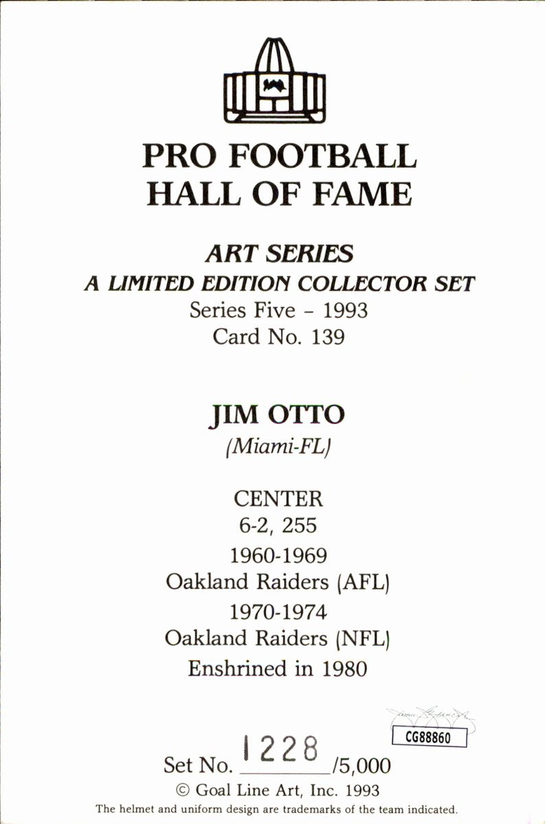 Jim Otto Raiders HOF Autographed Goal Line Art GLAC Postcard JSA